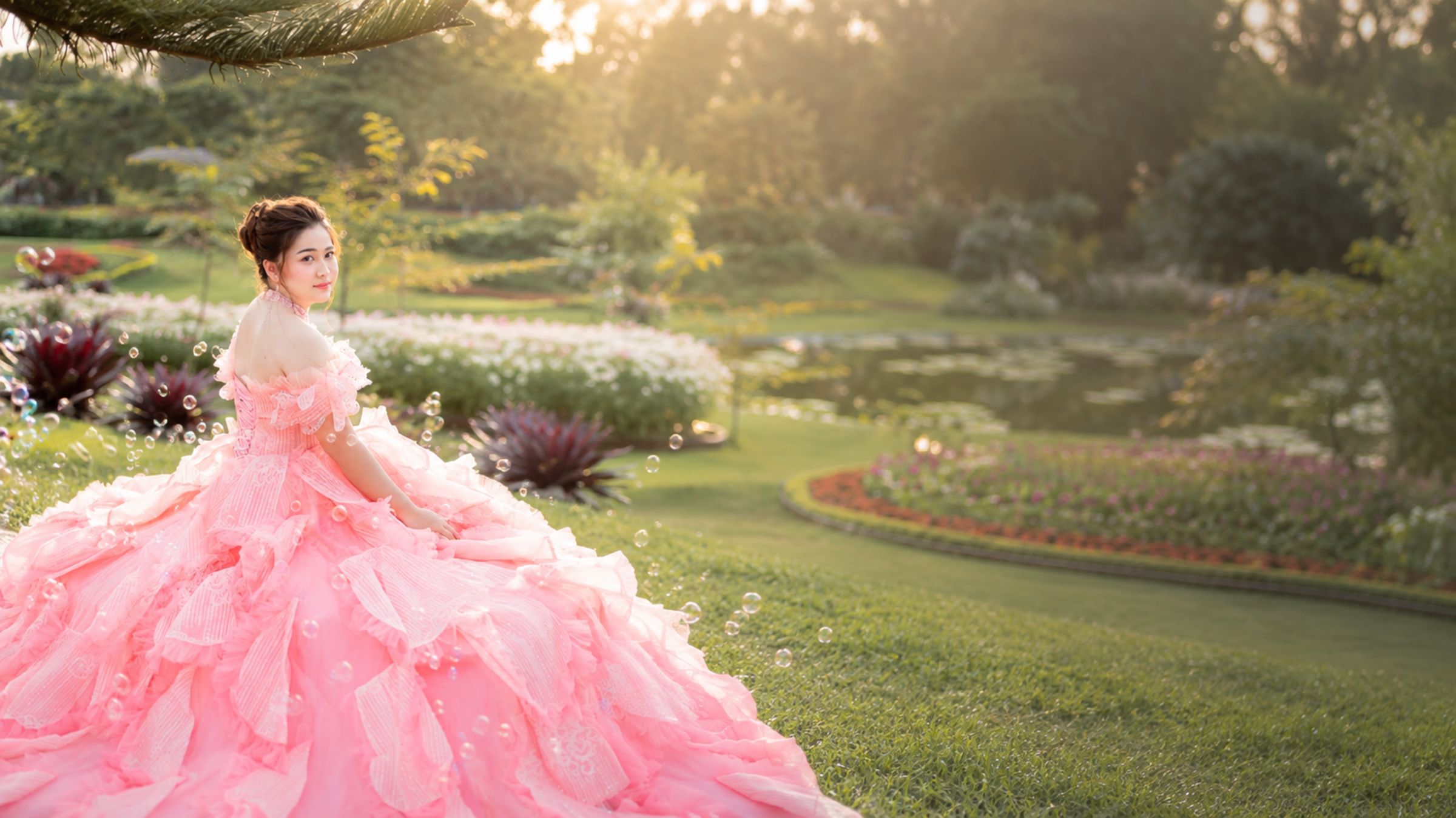 Rain in her debut gown, garden portrait